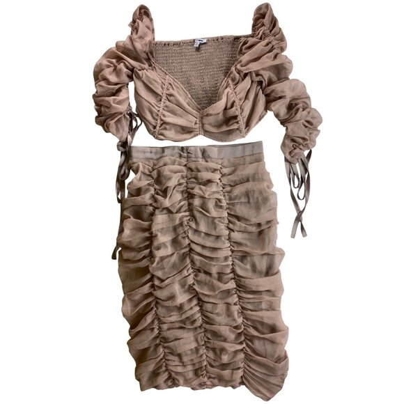 Sexy Ruched Two-Piece Beige Set Crop Top & High-Waisted‎ Skirt Fashion Nova XL - Picture 9 of 9